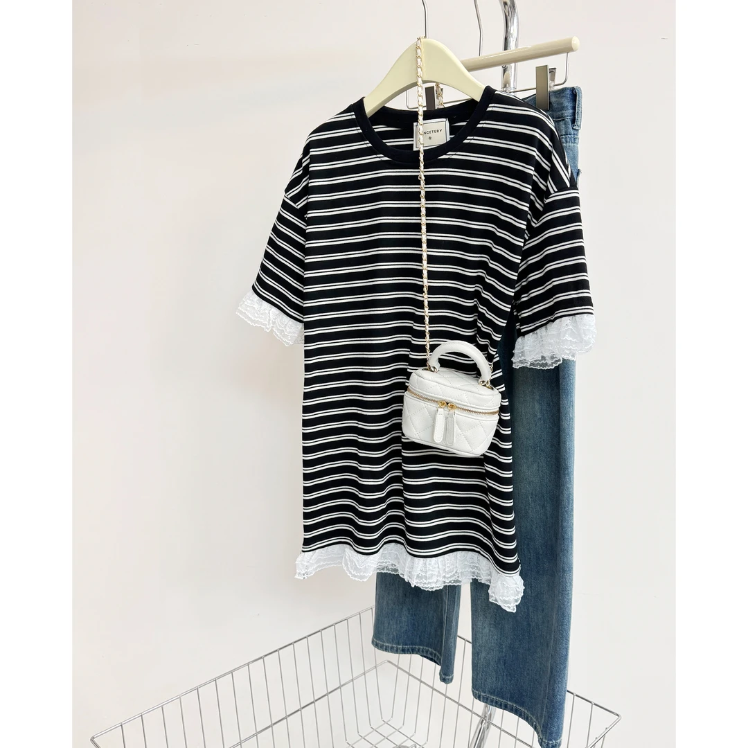 韩系拼接蕾丝撞色条纹上衣女2025早春新款设计感宽松显瘦长袖T恤