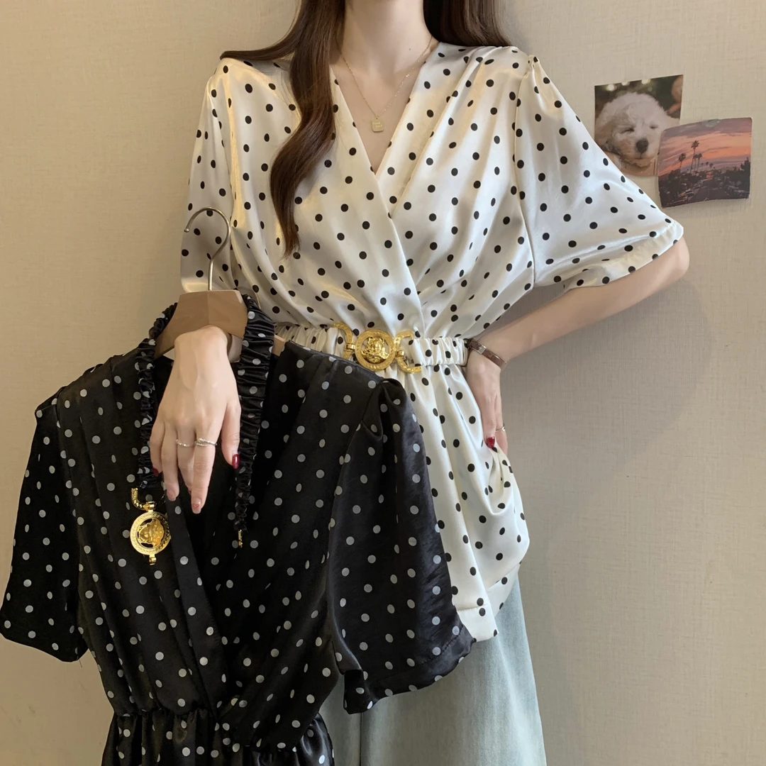 高级感轻奢醋酸缎面V领衬衫女气质腰带收腰遮肚上衣-XUNX6357