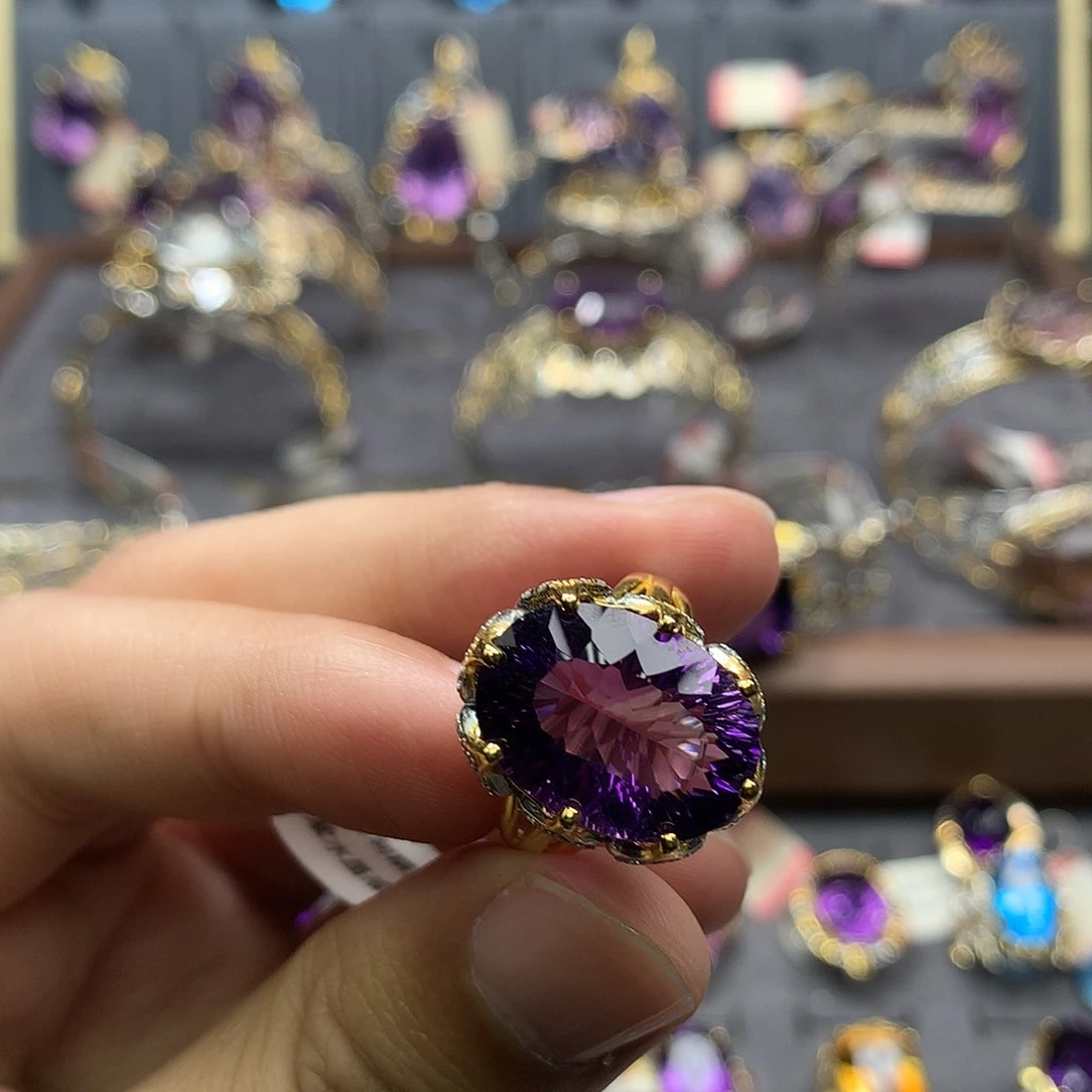 戒指银S925镀金镶嵌水晶