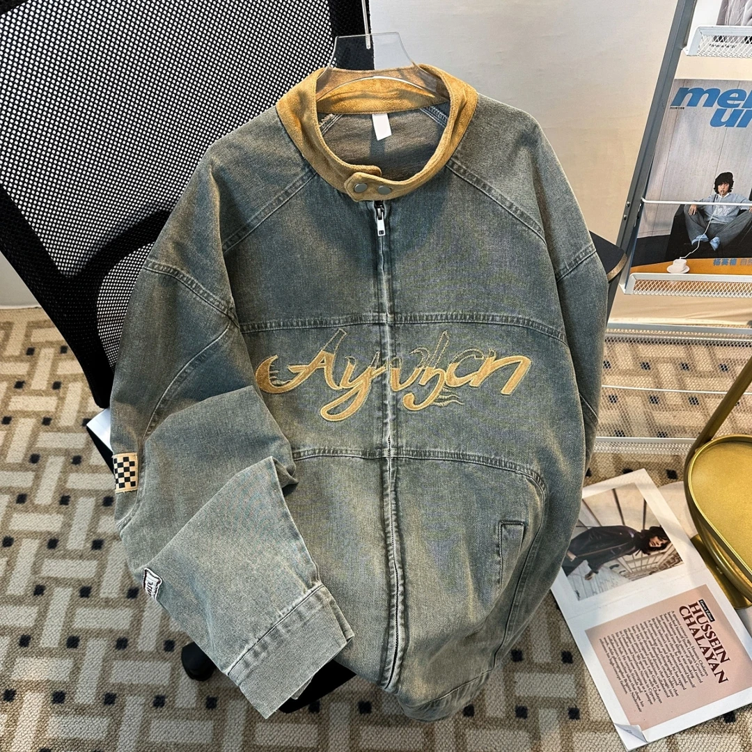 美式复古机车立领刺绣水洗牛仔夹克男女春秋国潮街头嘻哈上衣外套