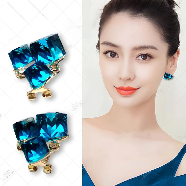 925银耳饰 蓝色气质立体方块绿色水晶魔方耳钉时尚个性夸张耳环女
