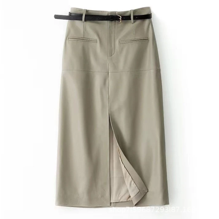 真皮皮裙春秋季真皮高级优雅显瘦直筒开叉西装裙长款半身裙女垂感