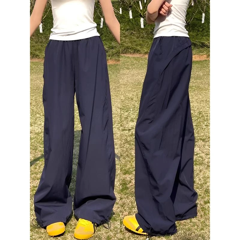 【猫人】藏青色美式工装裤女夏2025新款高腰直筒休闲速干运动阔腿裤