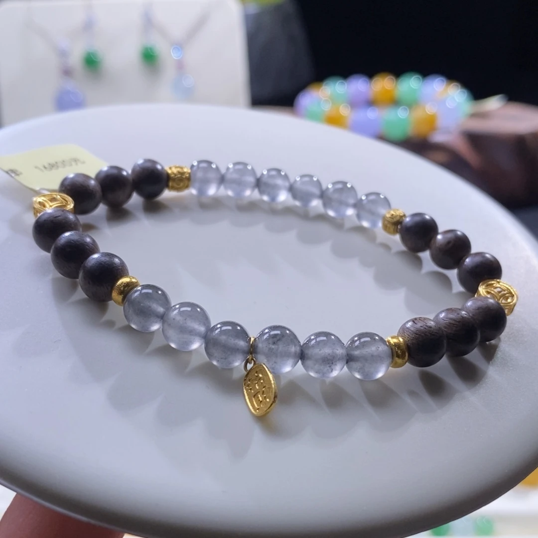 翡翠未镶嵌颈饰翡翠18K金黑钢珠手串