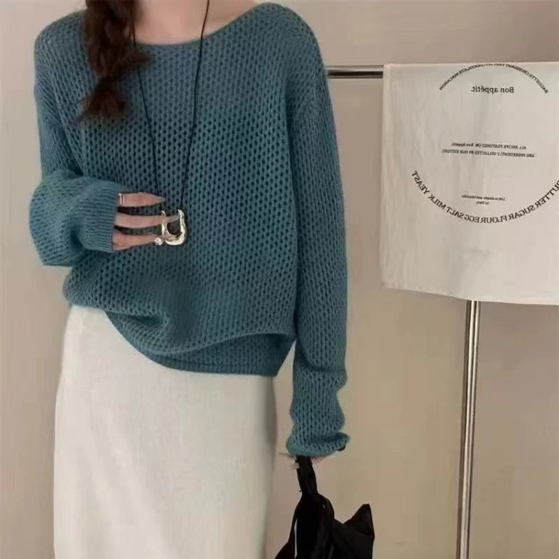78001 韩系时尚镂空浣熊圆领长袖针织衫女秋慵懒风软糯洋气毛衣