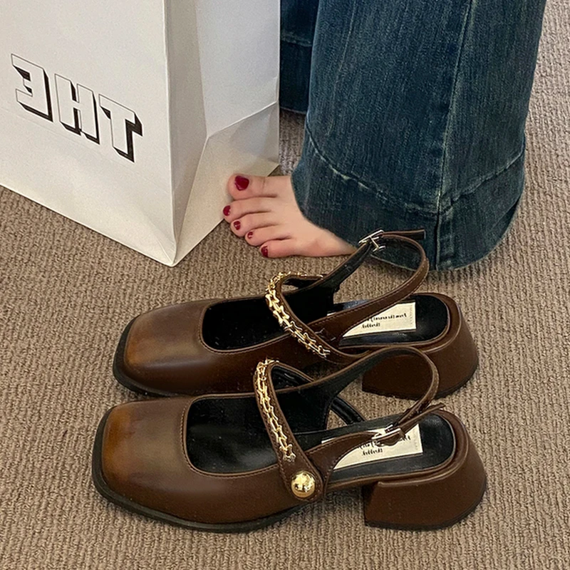 【法国设计师】高跟包头凉鞋女2025新款夏季中跟粗跟玛丽珍单鞋配