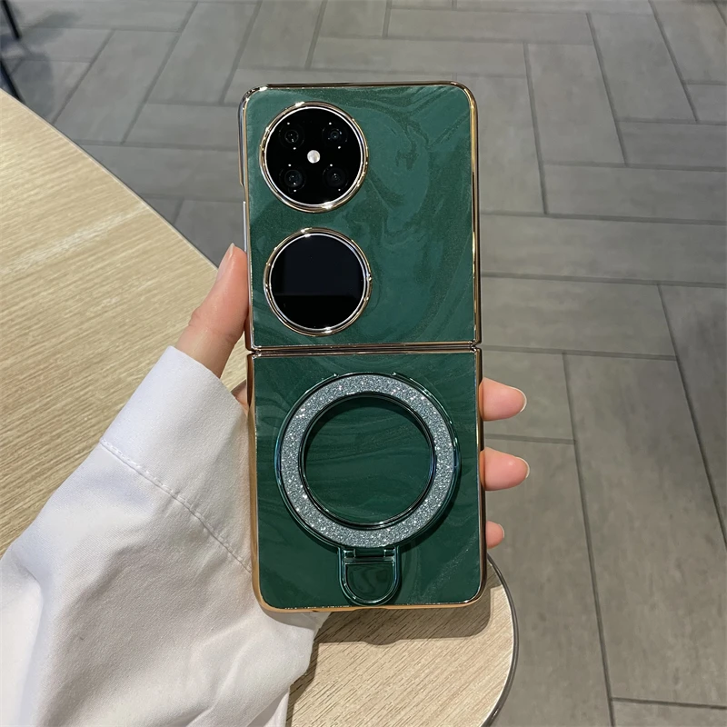 适用华为pocket2手机壳酒红色电镀流光纹素皮手提pocket2时尚外壳