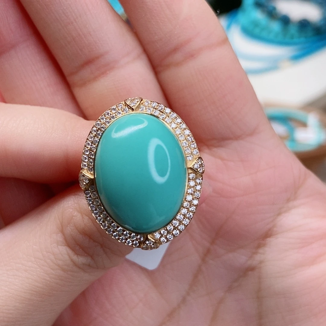 绿松石18K金镶嵌高瓷高绿大蛋面女戒