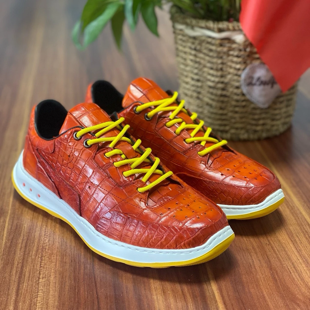 新款高端擦色纯正尼罗鳄鱼皮休闲时尚休闲鞋运动男士百搭橙色