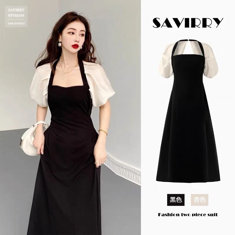 法式连衣裙女夏季黑色赫本风气质显瘦遮肚泡泡袖设计感小众长裙子