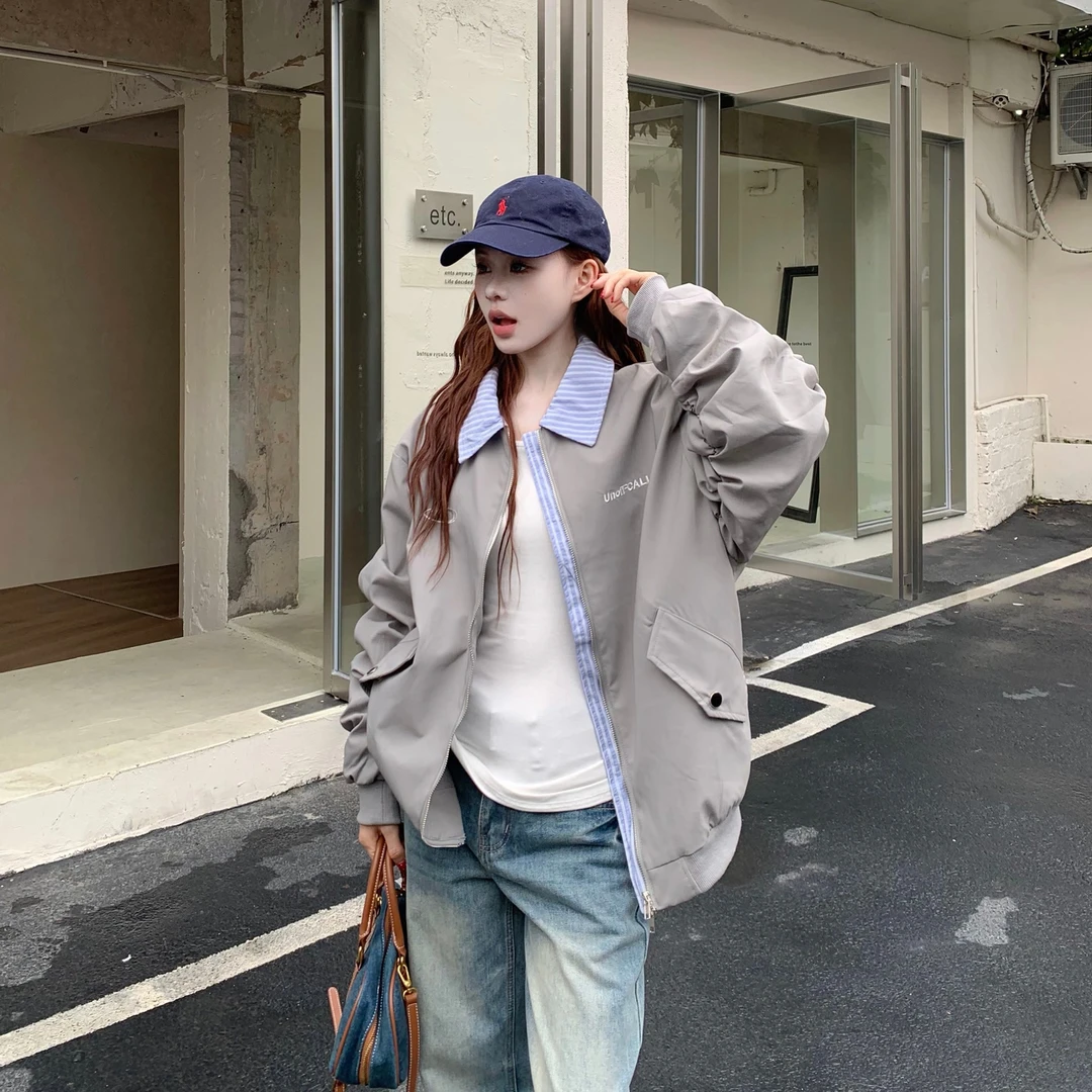 3MER 美式复古绣花假两件翻领棒球服秋冬季飞行夹克外套女