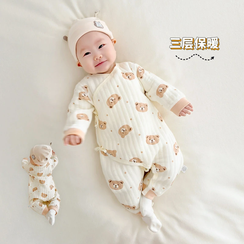 婴儿夹棉连体衣a类纯棉男女宝宝衣服无骨哈衣爬服春秋冬季