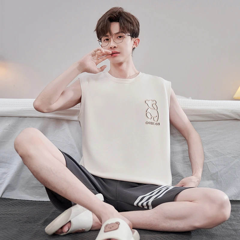 男士睡衣夏季纯棉背心薄款卡通休闲大码宽松青少年家居服学生套装