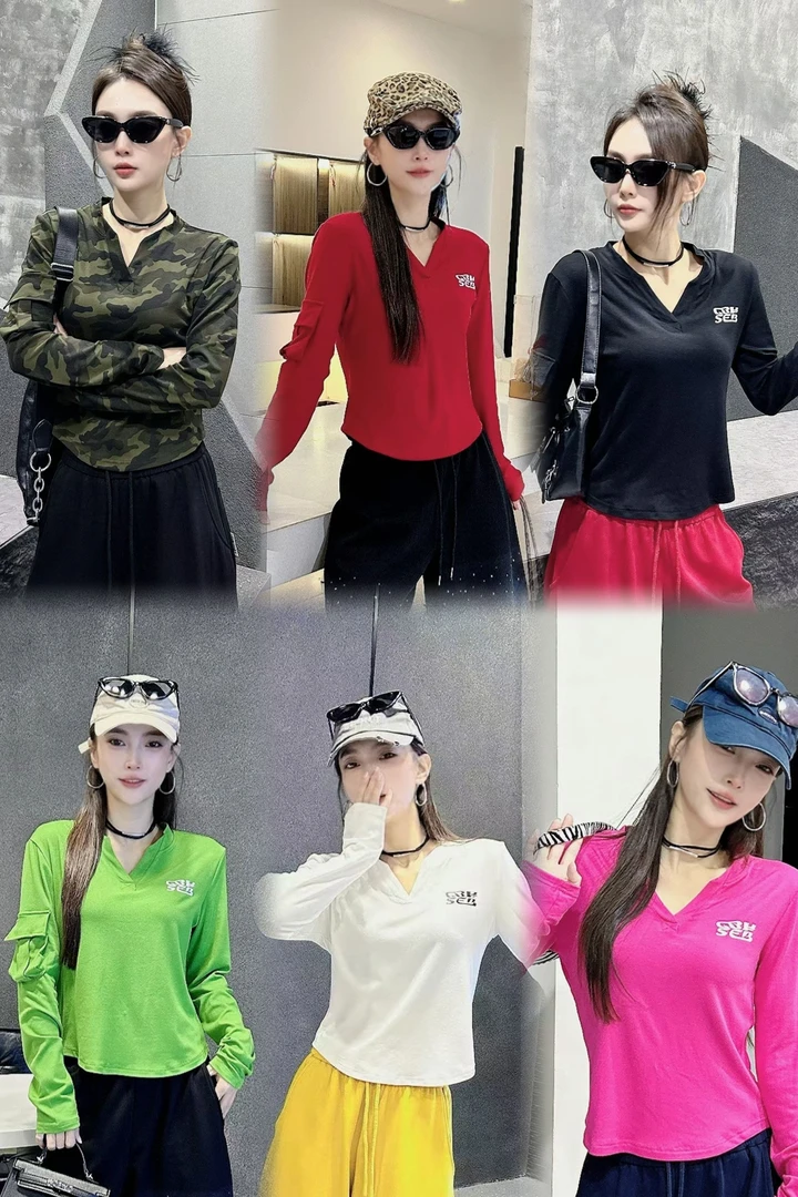 D3922迷彩莫代尔长袖字母V领T恤运动打底衫显瘦上衣