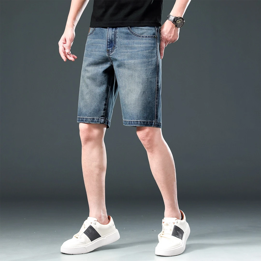 复古蓝五分牛仔裤男2025夏季薄款欧美风格时尚百搭直筒宽松休闲裤