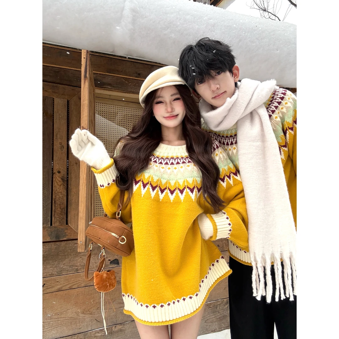 黄色复古费尔岛毛衣女秋冬2025新款设计感慵懒风加厚宽松针织衫