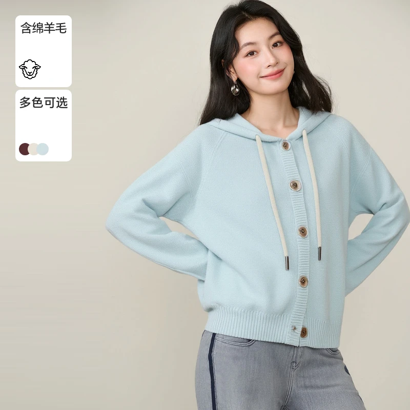 Basic House/百家好纯欲洋气衣服女装连帽绵羊毛毛衣-B06245A0232