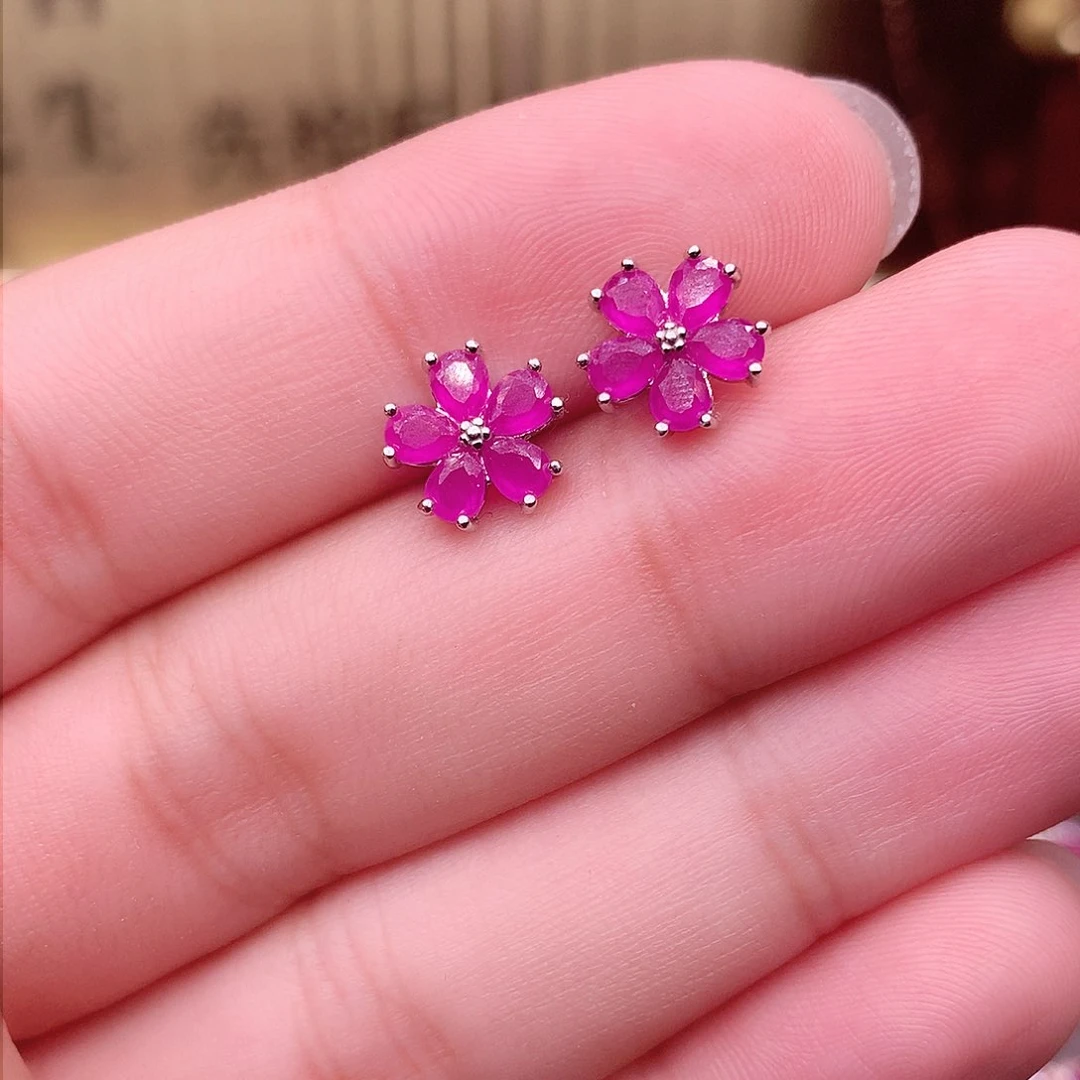 红宝石耳饰银S925镶嵌