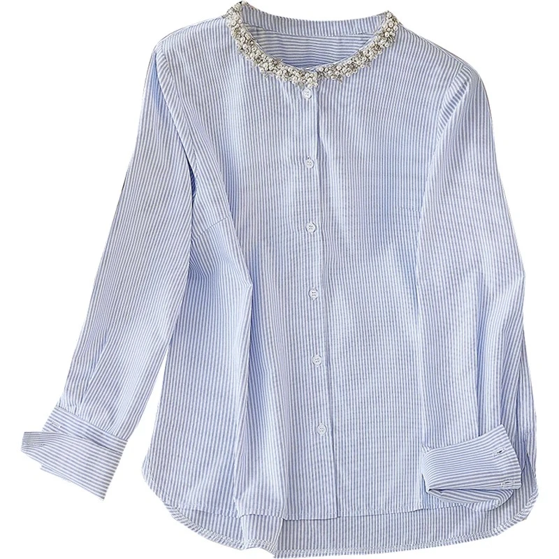法式蓝色竖条纹领口重工钉珠女士衬衫2025早春新款气质显瘦上衣