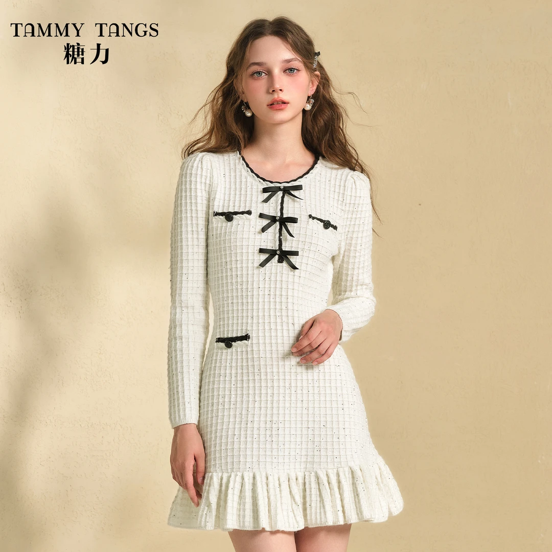 【丽公主】糖力长袖甜美蝴蝶结亮片针织连衣裙显瘦毛织裙TWRDQ46541