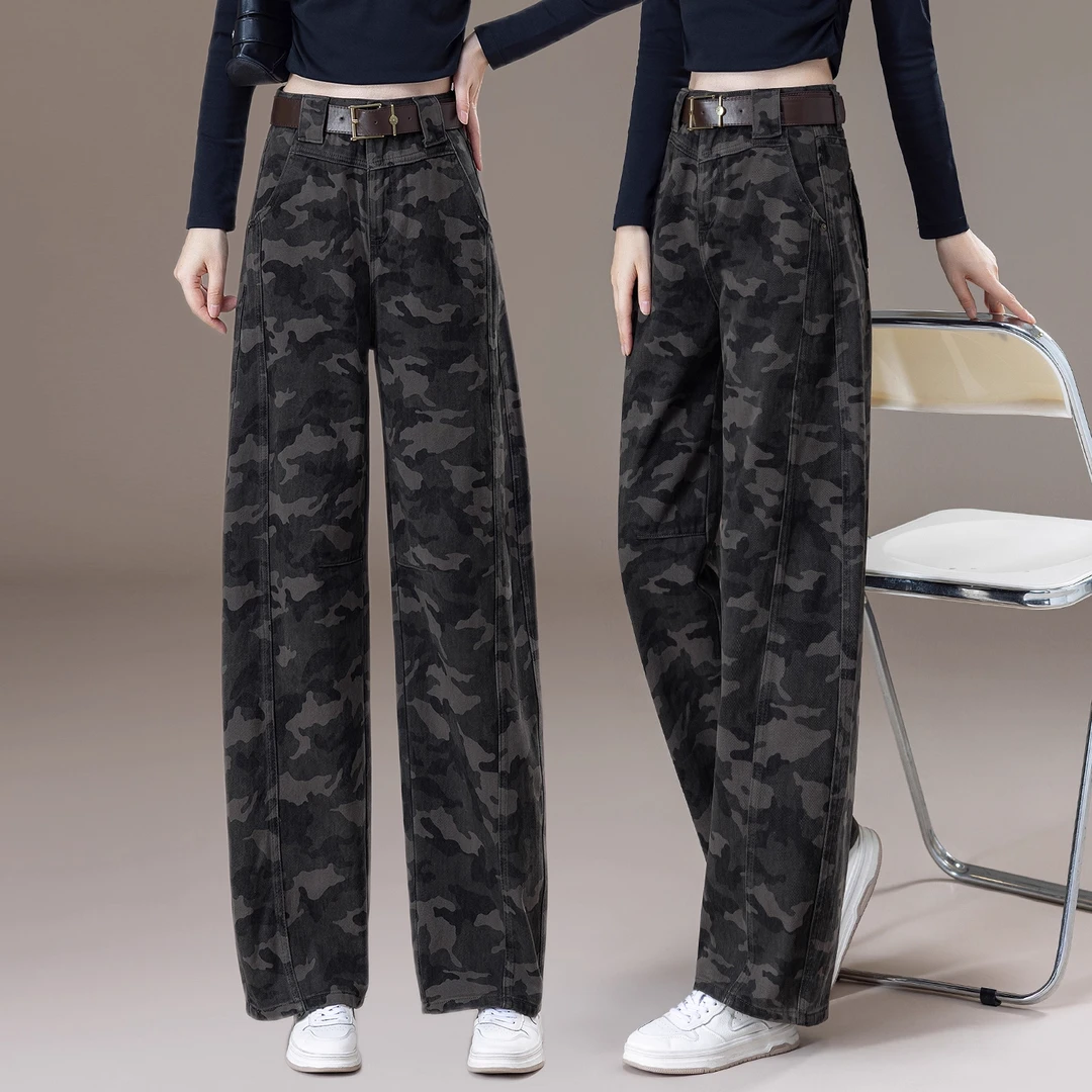 2025春秋新款迷彩弯刀牛仔裤女今年流行爆款休闲阔腿裤高腰工装裤