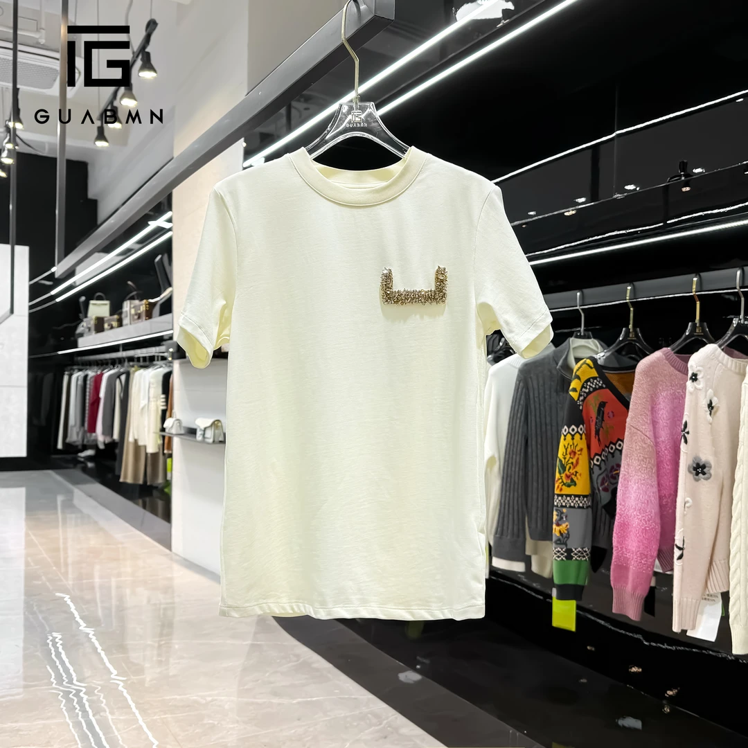 GUABMN2025年夏季新款重工钉钻圆领百搭短袖小众T恤5002