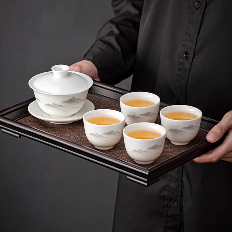 金镶玉羊脂玉功夫茶具白瓷云山盖碗杯中式陶瓷家用云山品茗杯盖碗