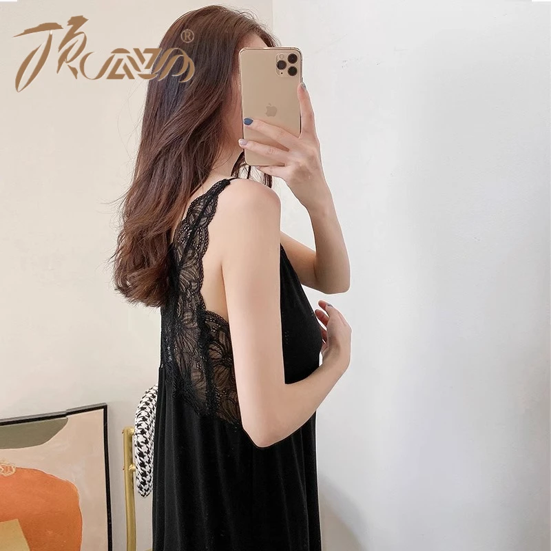顶瓜瓜带胸垫性感睡裙女莫代尔蕾丝吊带裙薄款宽松大码打底裙睡衣