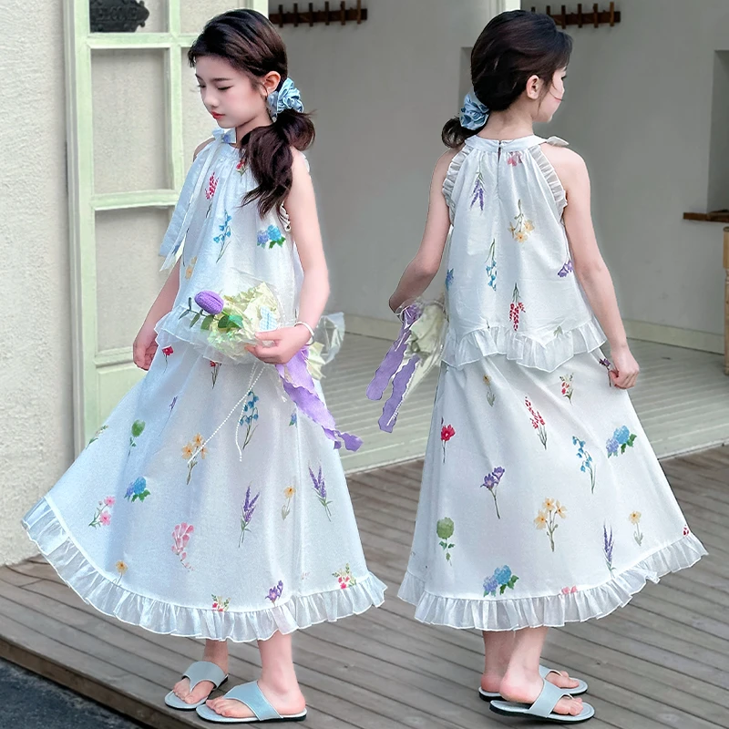 女童甜美蝴蝶结挂脖上衣2025夏季半身裙套装中大童蕾丝花边套裙潮