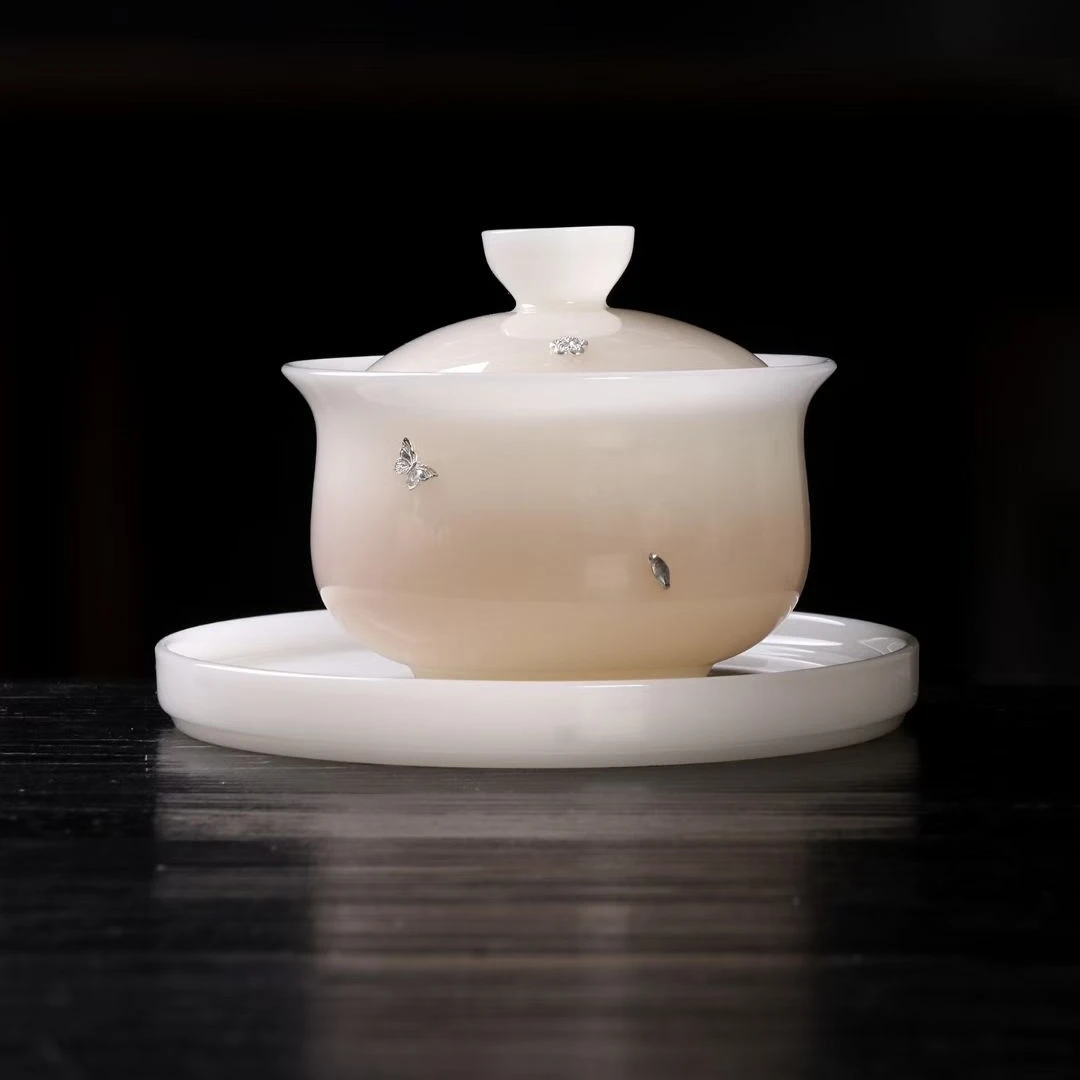 德化羊脂玉白瓷三才盖碗陶瓷中式功夫茶具焗银女士泡茶碗礼盒装