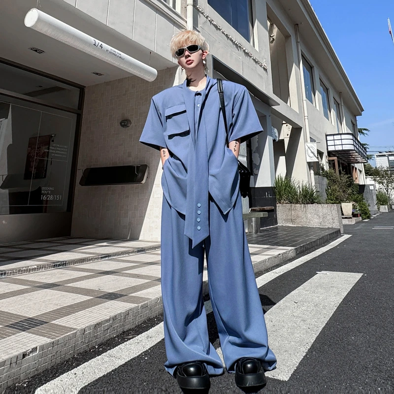 走秀款高级感小众飘带短袖垫肩衬衫套装男痞帅垂感阔腿长裤两件套