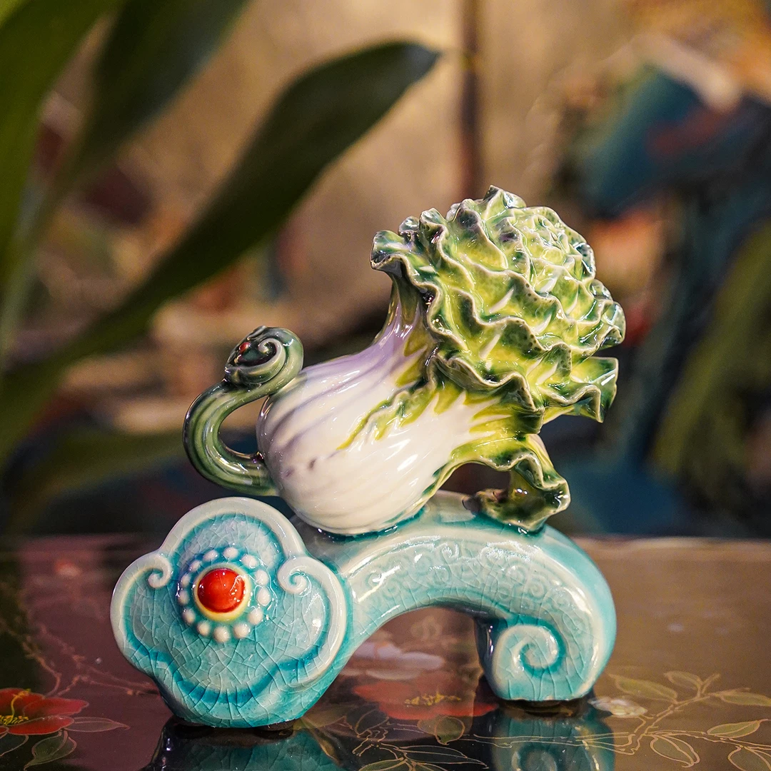 【本尼家】AM30非遗手工石湾陶《百财如意》小号白菜装饰客厅摆件