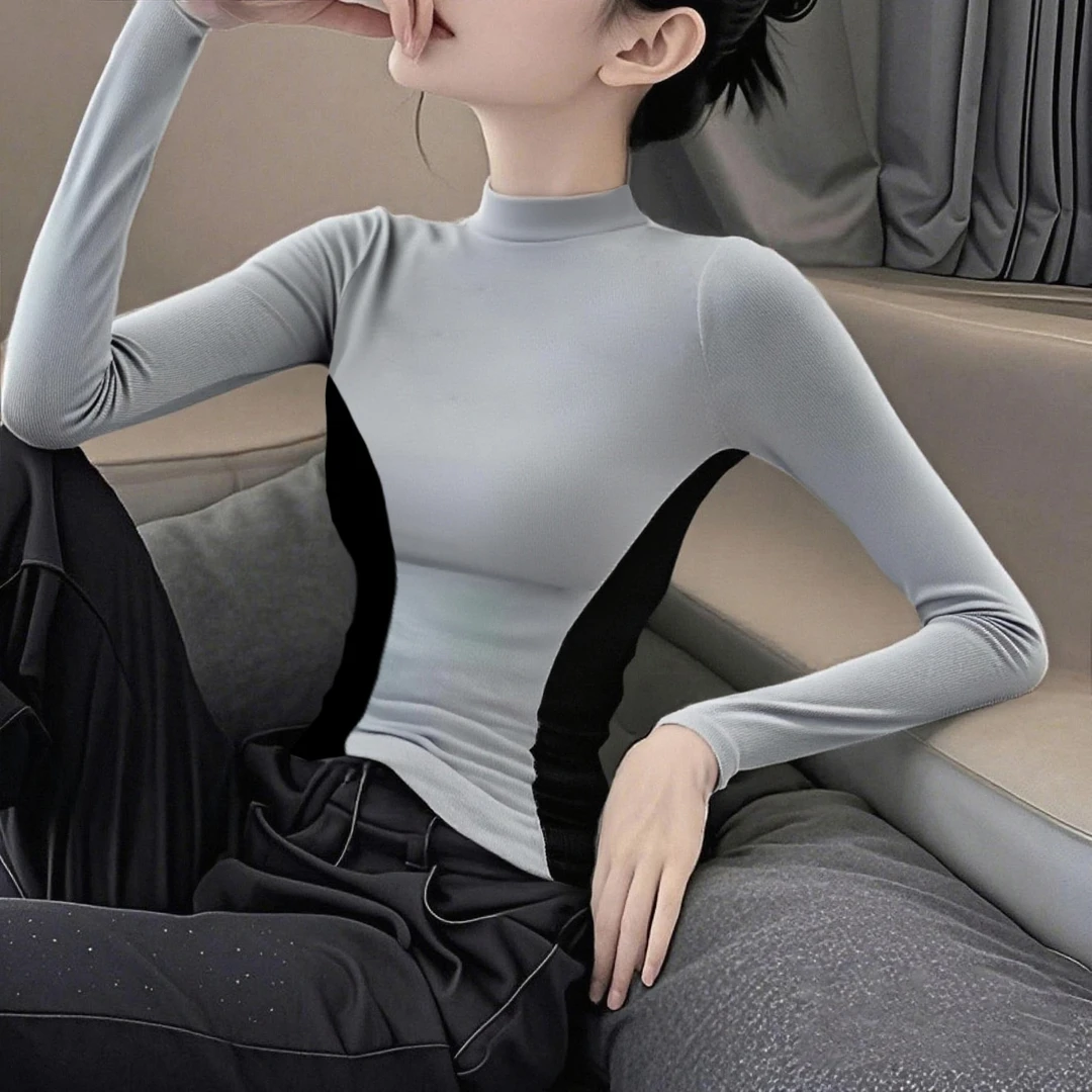 立领拼接撞色长袖上衣秋装女款爆款2025新款收腰显瘦外穿内搭t恤