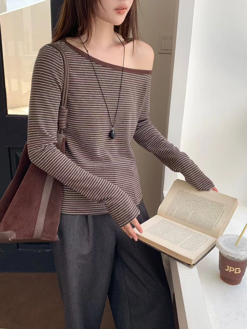 @7803# 斜肩条纹长袖打底