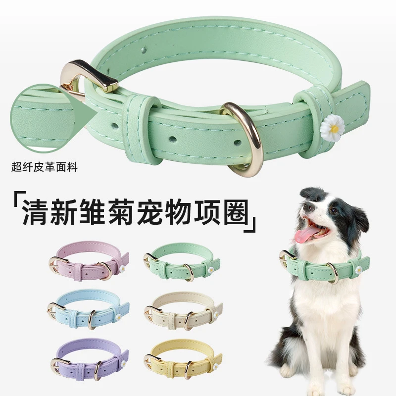 狗狗项圈小雏菊牵引绳超纤脖圈猫咪泰迪雪纳瑞皮革宠物项链批发