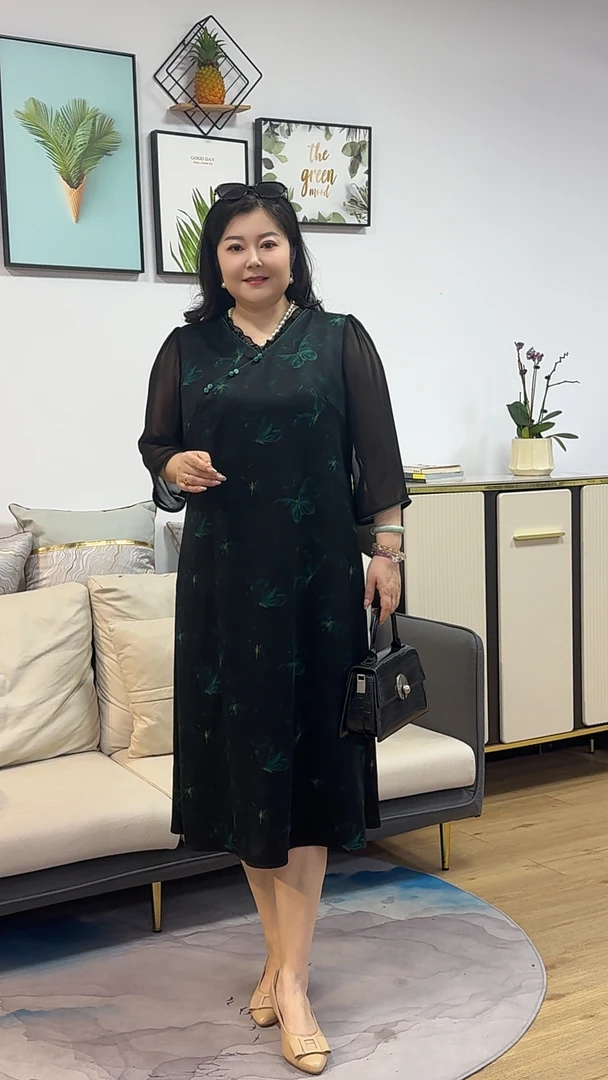 娜丹静原创大码七分袖V领国风复古中式香云纱连衣裙ND9519