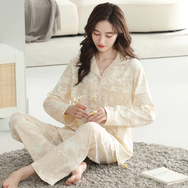 新款女士睡衣开衫长袖长裤可外穿简约休闲舒适宽松家居服套装816