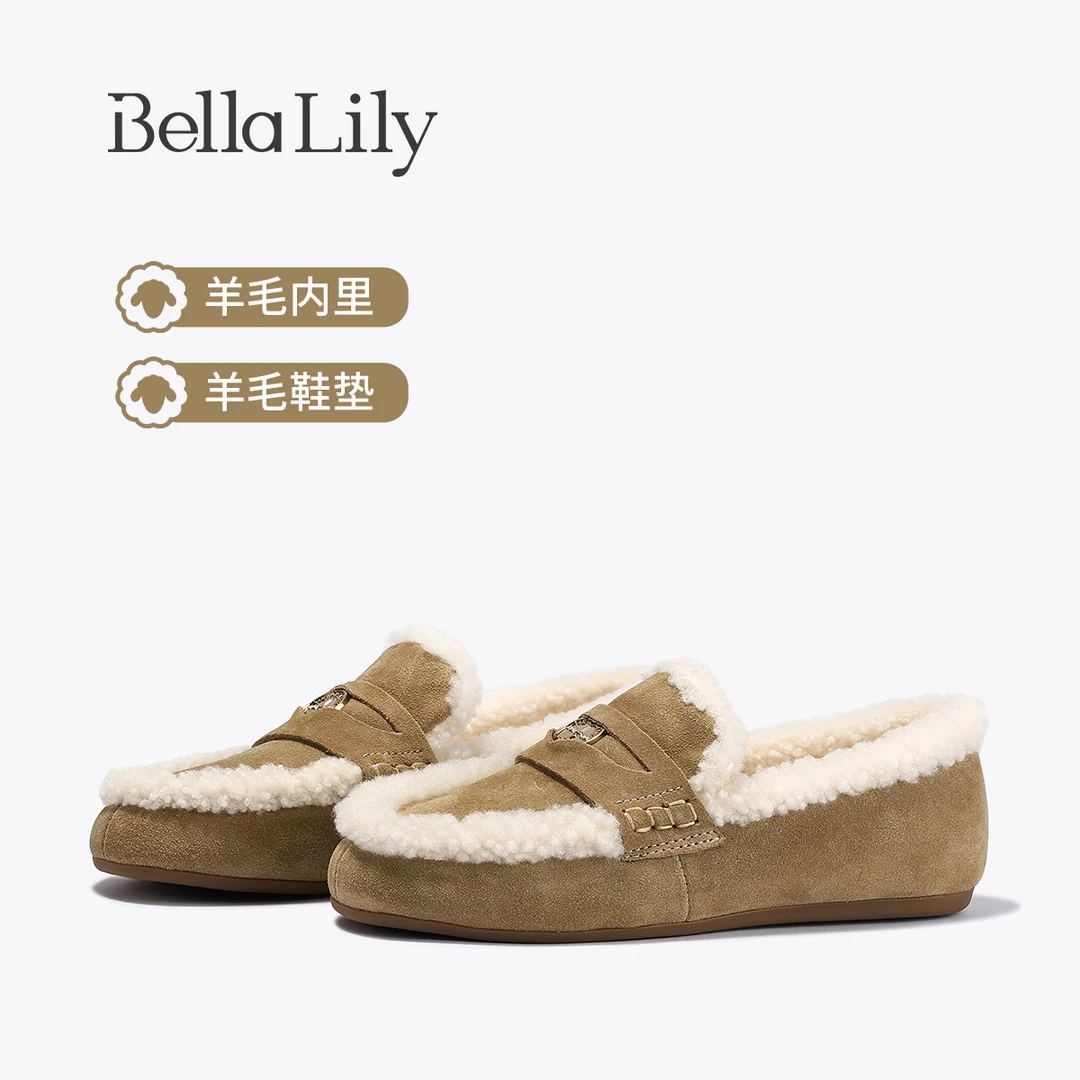 BellaLily秋冬新款保暖牛皮乐福鞋女一脚蹬羊毛加绒平底单鞋