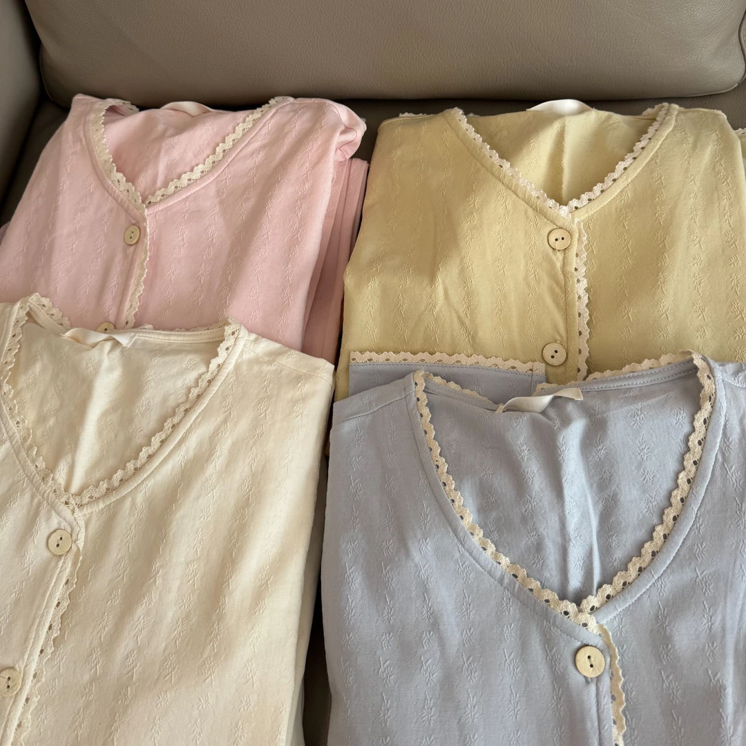 muzi｜“月光少女”（2件套）木质扣原色提花精致小蕾丝拼棉柔细腻套装