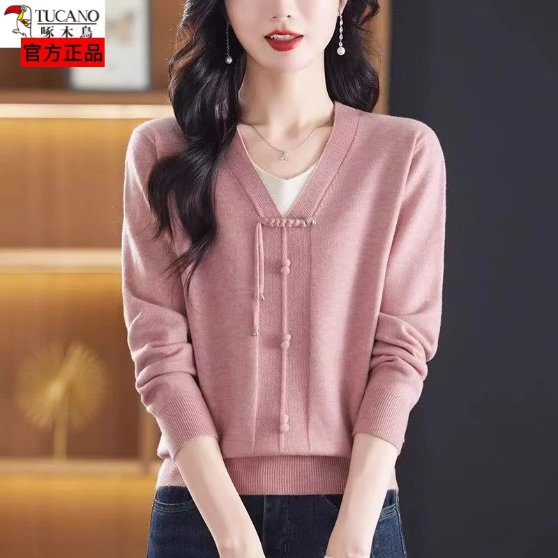 啄木鸟中式春秋新款时尚针织毛衣国风针织衫百搭外穿洋气打底上衣