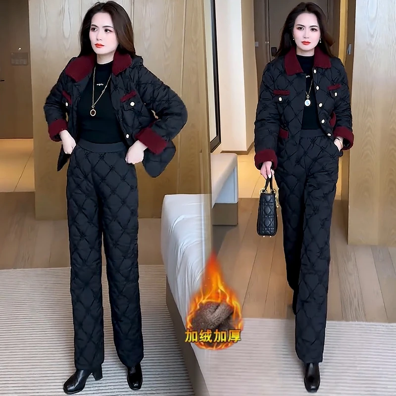 加绒加厚时尚套装女2024冬季新款洋气显瘦棉衣外套棉裤保暖两件套