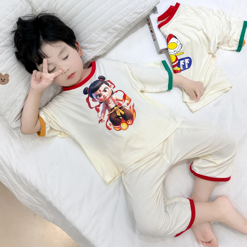 男童莫代尔睡衣夏季薄款男孩宝宝七分袖空调服儿童哪吒家居服套装