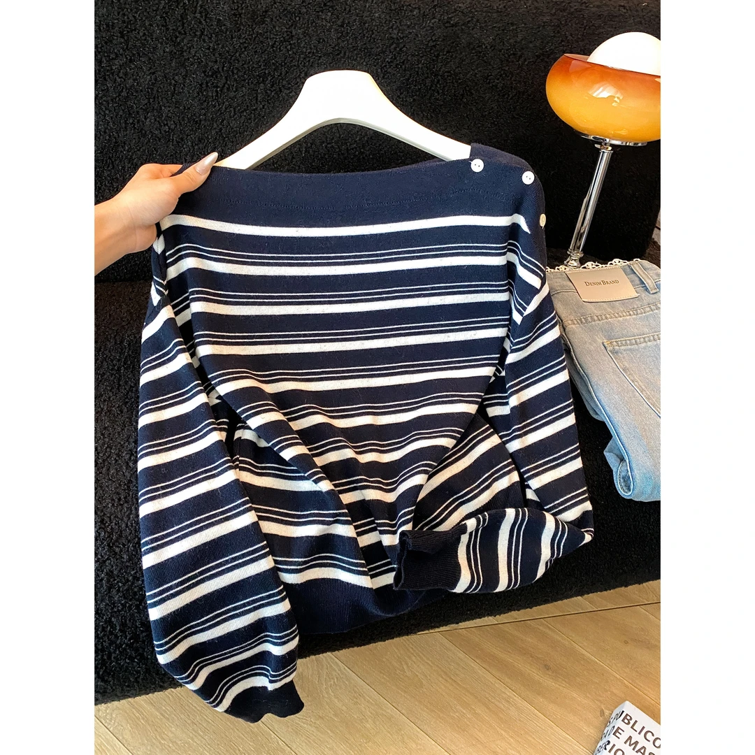 La Chapelle/拉夏贝尔氛围感条纹一字肩针织衫女早秋小个子上衣