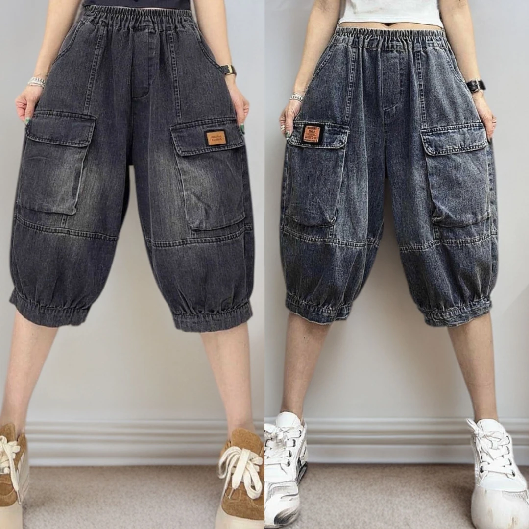 牛仔六分裤女夏2025新款宽送休闲灯笼裤显瘦萝卜裤哈伦五分裤短裤