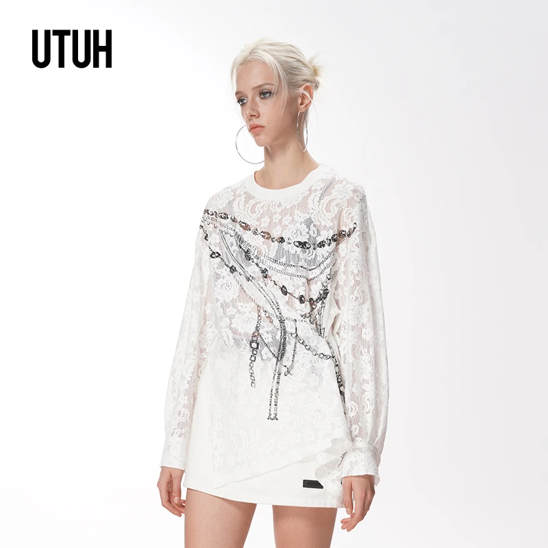 【欧若风】UTUH 白色蕾丝印花经典圆领不规则上衣女 TDWWS1N052