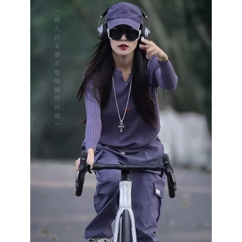 紫色v领长袖针织衫女上衣小个子女士毛衣内搭打底衫2025新款秋款
