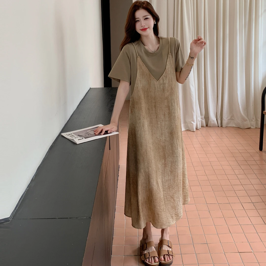 2025夏新款/假两件扎染吊带连衣裙小众独特拼接休闲裙子