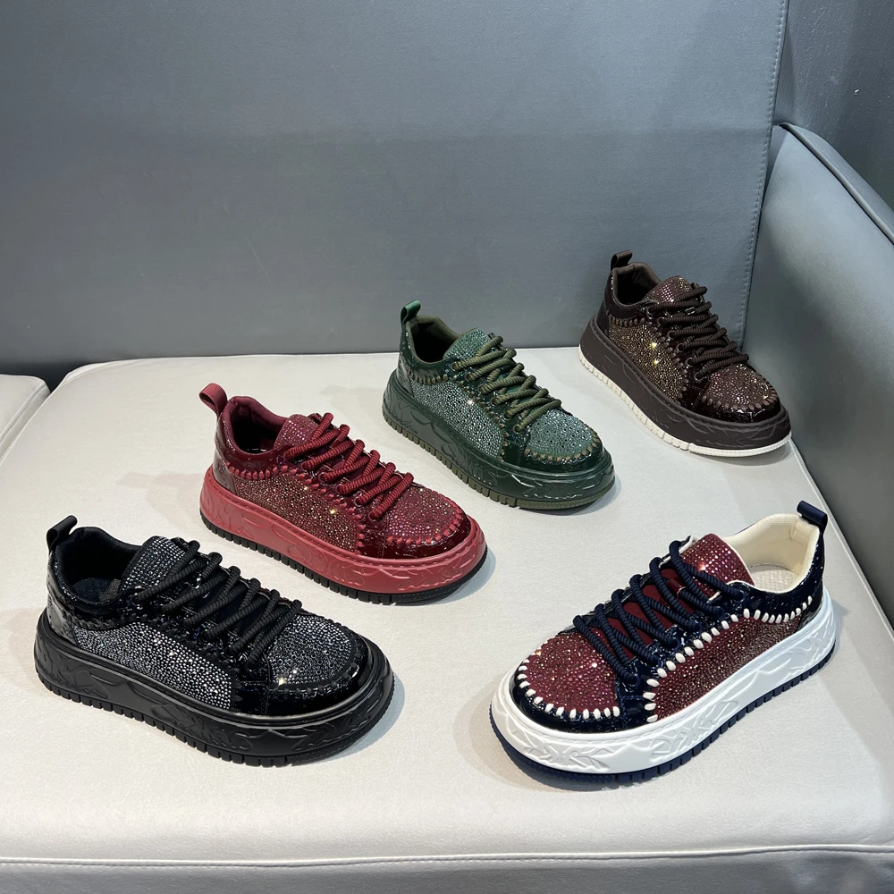闪亮水钻漆皮厚底板鞋时尚运动百搭摇滚朋克英伦男士潮流休闲鞋