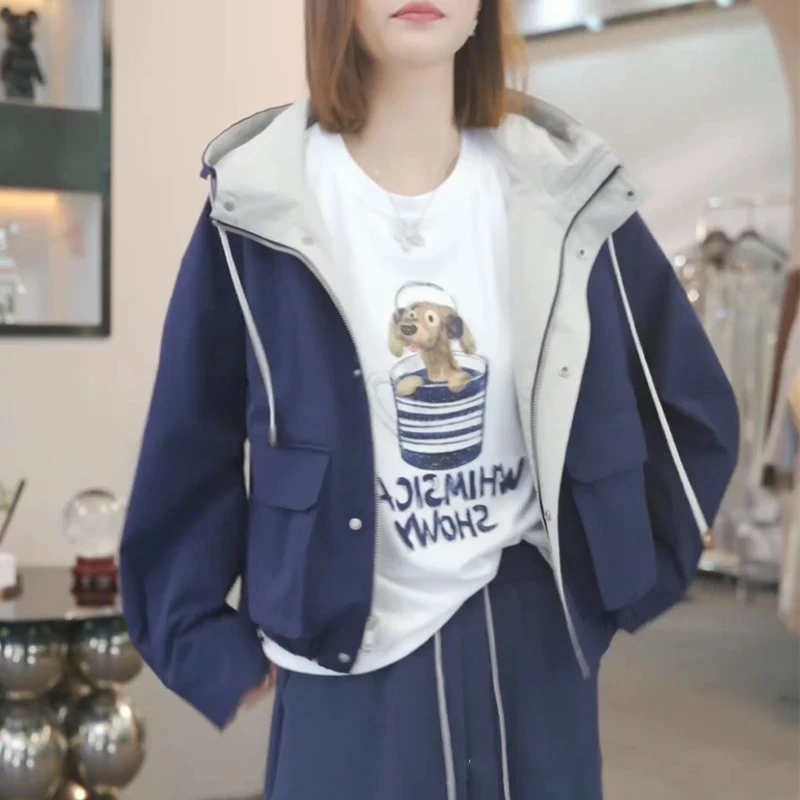 秋季连帽风衣外套女2025新款韩版宽松时尚拼色户外运动冲锋衣夹克