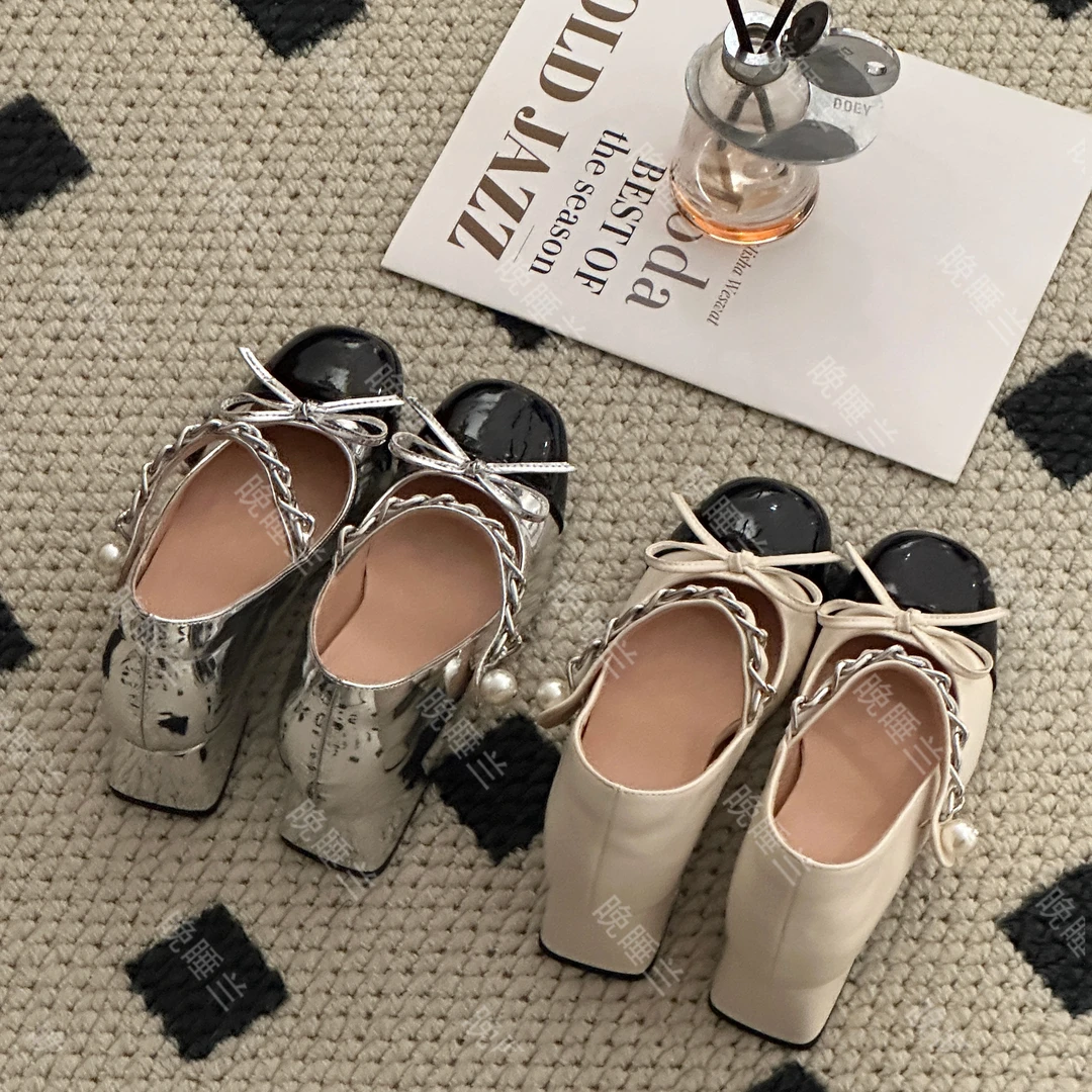 晚睡兰·内增高8.5cm法式粗跟浅口单鞋蝴蝶结时尚经典玛丽珍小皮鞋